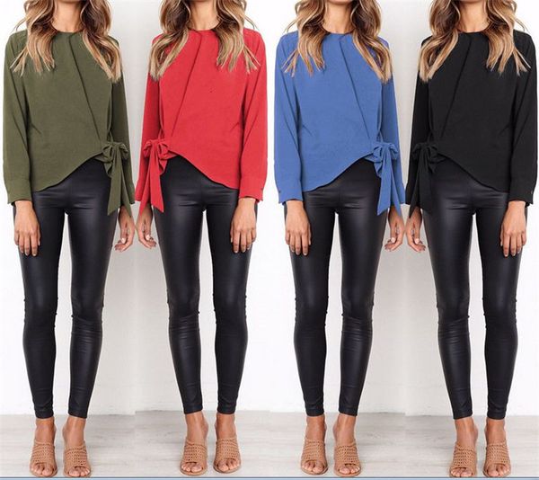 

stylish womens long sleeve self-tie bowknot shirt casual office work blouse, White