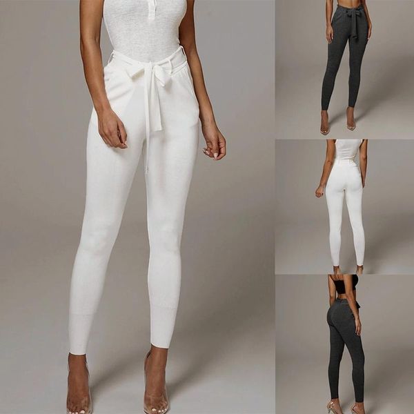 

women's pants & capris elegant frill trim bow belted detail solid high waist women clothing fashion elastic skinny, Black;white