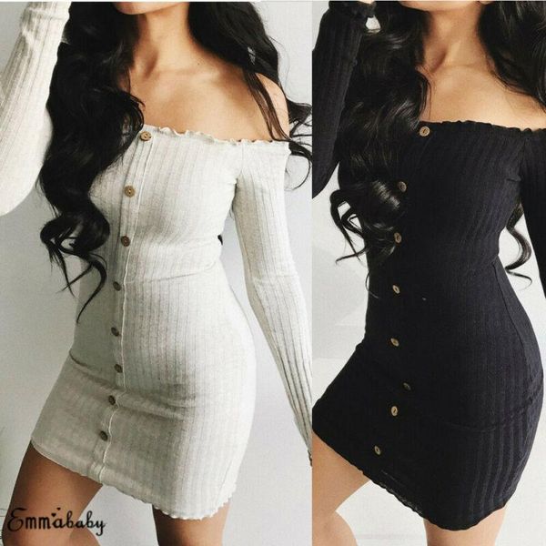 

casual dresses 2021 autumn women's knitted sweater dress off-shoulder long sleeve button short skinny bodycon, Black;gray