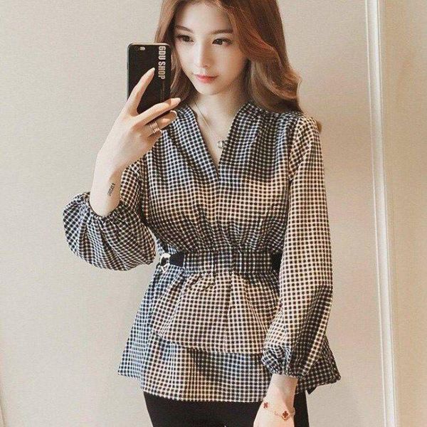 

women's jackets spring and summer style korean fan plaid shirt ladies casual long lantern sleeves v-neck printed loose basic, Black;brown
