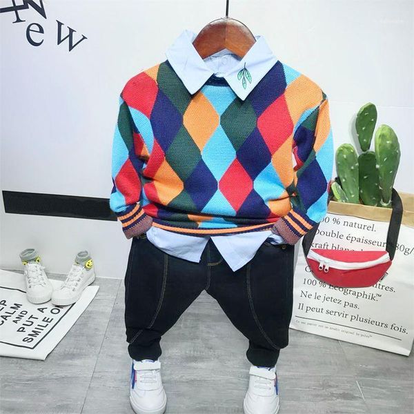 

children clothing sets spring autumn baby boys fashion knit sweater + shirt jeans 3pcs suits 2-6 years1, White