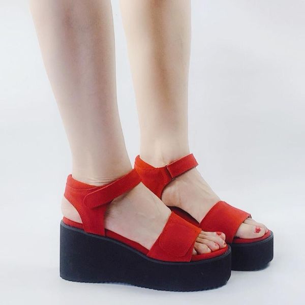 

6cm wedge platform punk lolita sandals genuine leather black red summer student girls shoes custom tailor available
