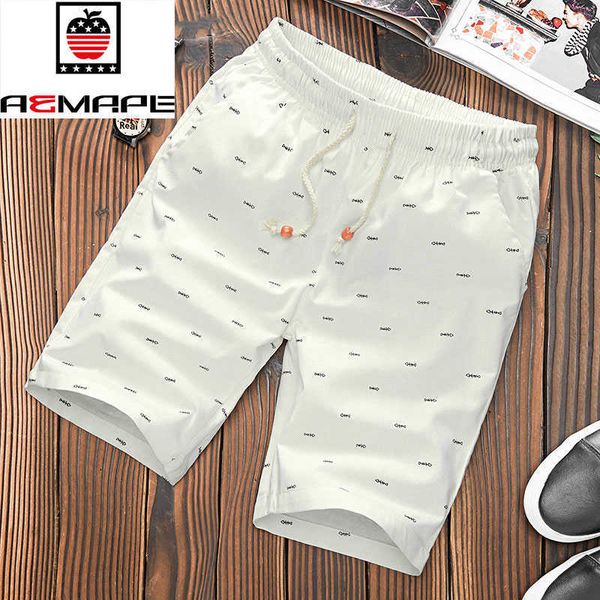

aemape brand elastic waist drawstring cotton shorts men summer calf-length design fish bone printing male 210714, White;black