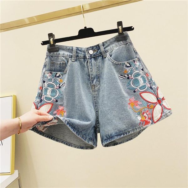 

women's jeans denim shorts female summer loose high waist slimming fit embroidery wide-leg pants girls ladies short femme, Blue