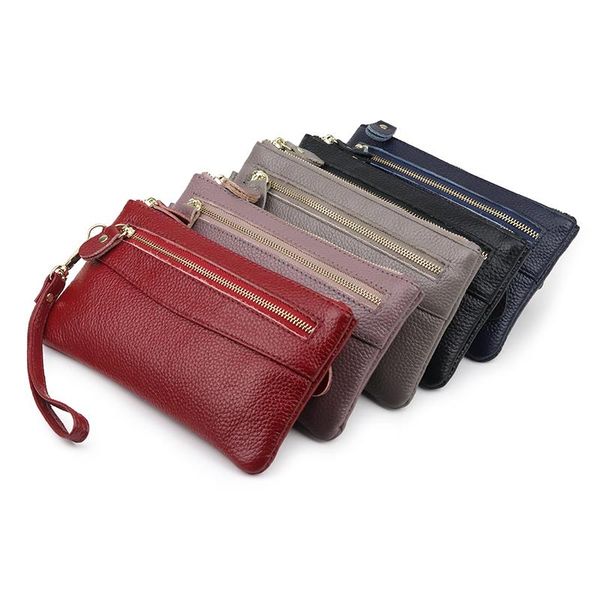 

red/gray/black zipper mini women wallets with phone case elegant ladies money pocket genuine leather wallet, Red;black