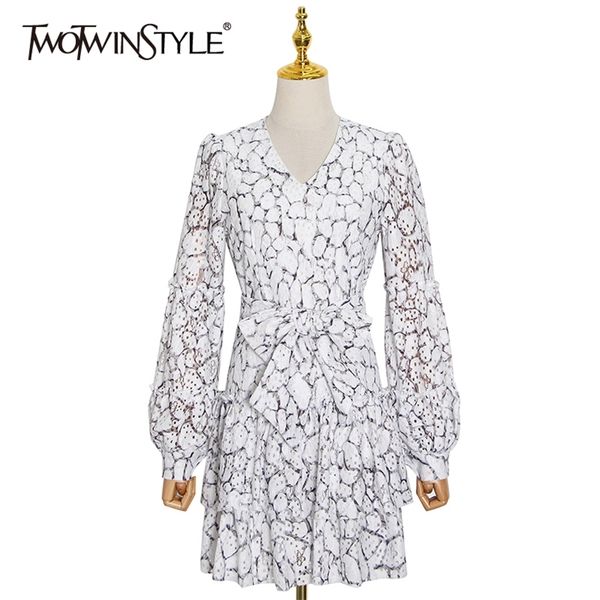 

elegant ruffle print dress for women v neck lantern sleeve high waist mini dresses female summer fashion 210520, Black;gray