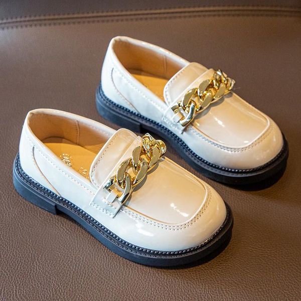 

flat shoes autumn girl' loafers metal chain slip-on patent leather kids fashion elegant black white school child casual shoe, Black;grey