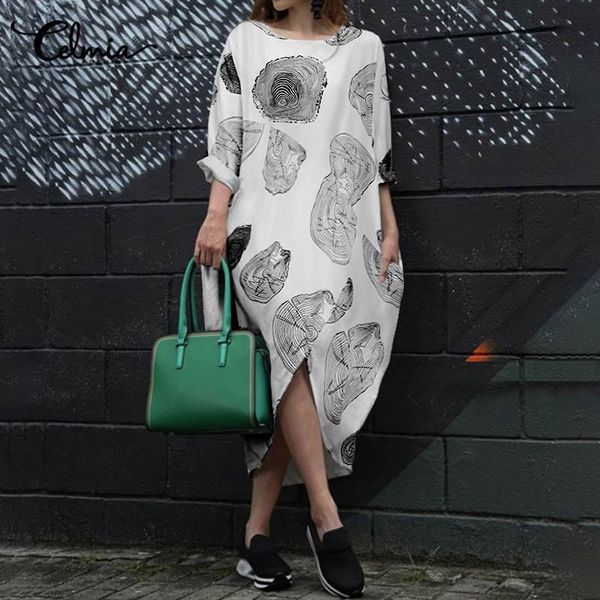 

celmia dress women long sleeve midi dresses autumn o neck vintage linen tree ring printed vestidos casual asymmetrical 5xl, Black;gray