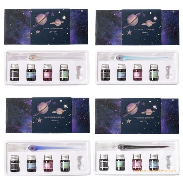 

fountain pens glass dipped pen ink set, crystal with 4 colorful inks, drip tool dropship