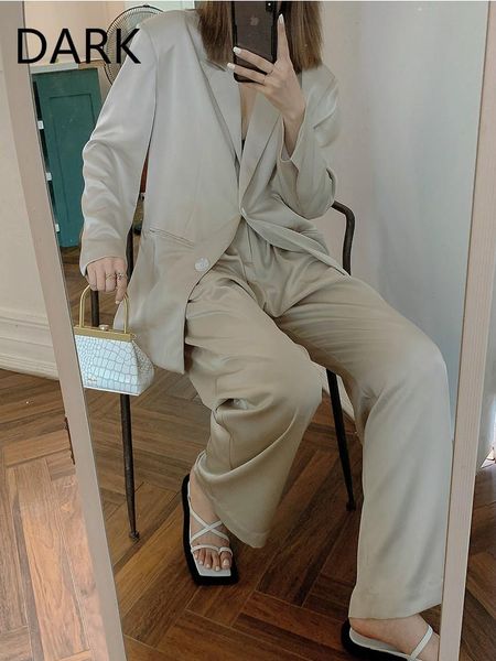 

[dark] light luxury acetic acid satin temperament queen suit spring and autumn high sense jacket two-piece women's two piece pants, White