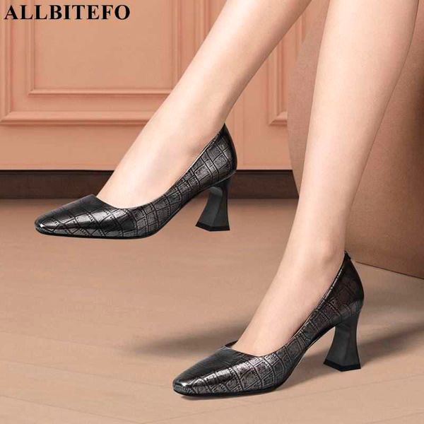 

allbitefo comfortable natural genuine leather high heels thick heel fashion women pumps high heel shoes club party wedding shoes 210611, Black
