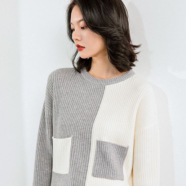

women's sweaters women sweater 2021 autumn and winter color contrast round neck wool pullover color-block knitted, White;black
