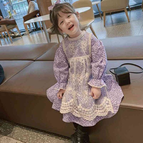

autumn arrival girls long sleeve floral 2 pieces suit cotton dress+lace apron 210528, White