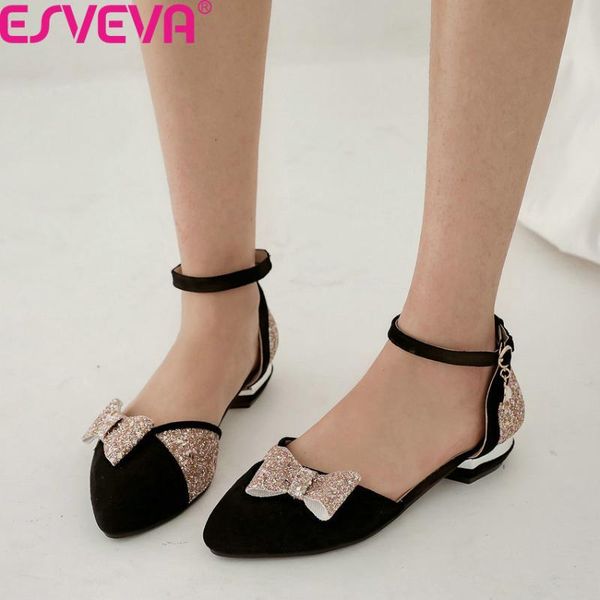 

dress shoes esveva 2021 sequins pu leather buckle spring women pumps butterfly-knot pointed toe hollow square heel ladies size 34-43, Black