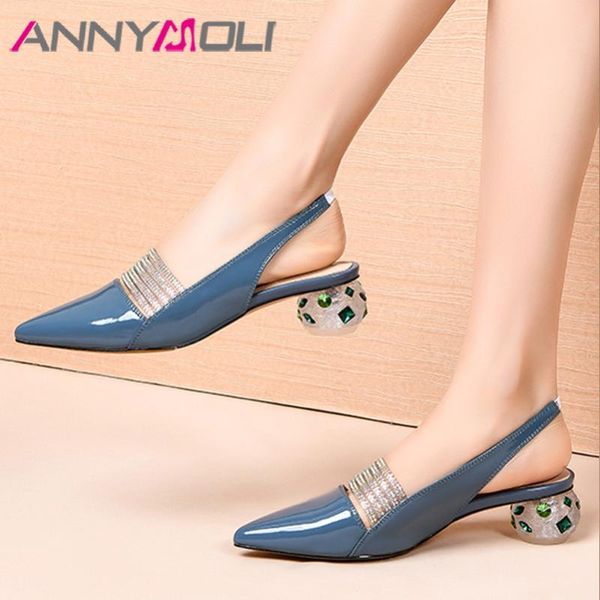 

dress shoes annymoli woman slingbacks pumps real leather strange style heels pointed toe med heel crystal lady footwear 41, Black
