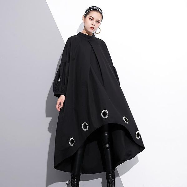 

casual dresses hollow out dress womenclothes fashion o-neck long sleeve 2021 autumn black metal ring plus size solid female f201, Black;gray