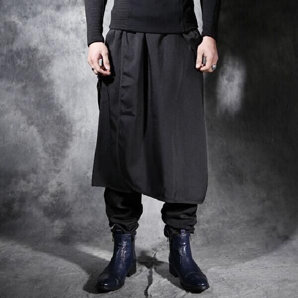 

men's pants male thermal faux two piece culottes personality loose elastic waist skinny pants. s-5xl, Black