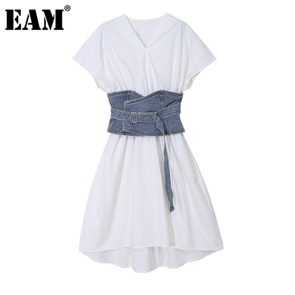 

[eam] women white denim bandage midi elegant dress v-neck short sleeve loose fit fashion spring summer 1dd6095 210512, Black;gray