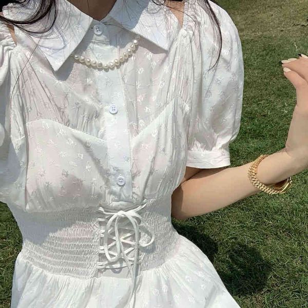

casual dresses vintage sweet shirt women white puff sleeve elegant kawaii fairy office lady party summer chic gbev, Black;gray