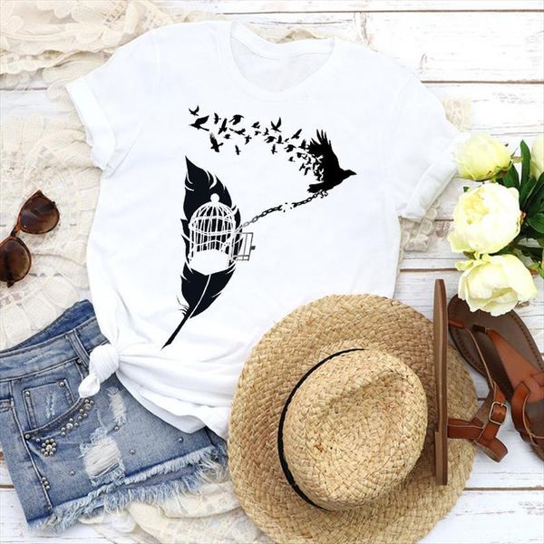 

graphic flying om bird womens short sleeve 90s tees print clothing female, White