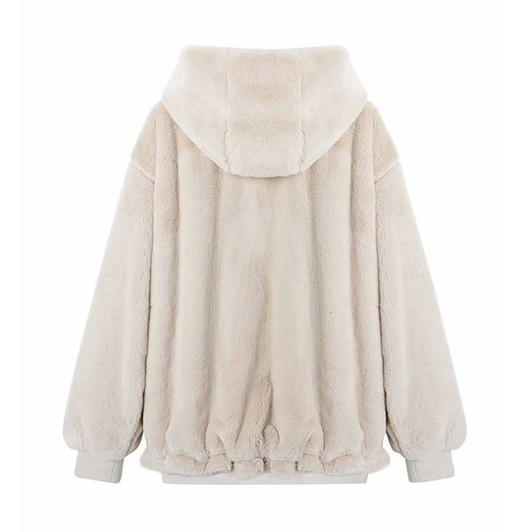 

wool fashion faux fur windproof warm hooded long sleeves women's jacket coat vintage plush solid color loose pilot chic female, Black