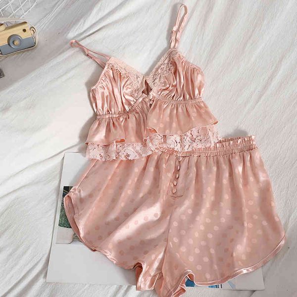 

summer two piece pajamas set waist lace ruffles v-neck camisole breasted wide-leg shorts polka dot sleeveless two-piece suit 210420, Black;red