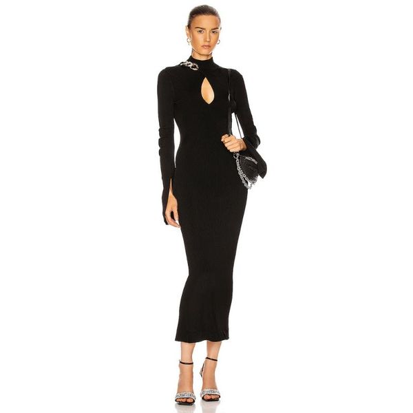 

women winter long sleeve key hole chain midi bodycon bandage dresses 2021 elegant evening party club dress vestidos office casual, Black;gray
