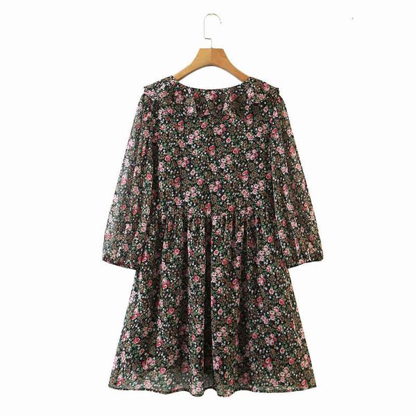 

skirts french retro v-neck long-sleeved flower print chic female korean style loose fashion temperament hedging women's dress, Black
