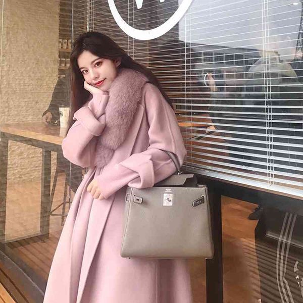 

blends women's coats 100% double side wool fashion big fox fur collar overcoat long winter cashmere outerwear, Black
