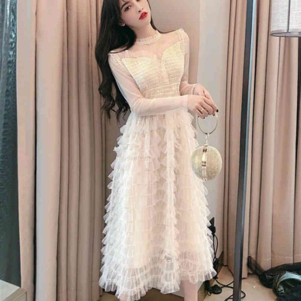 

casual dresses women fashion voile sweet & ffy mesh cake perspective thin swing full sleeves lace mid-calf w4gd, Black;gray