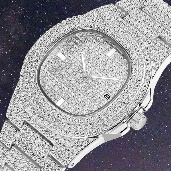 

2021 fashion watch men diamond steel hip hop mens watches brand luxury gold clock reloj hombre relogio masculino, Slivery;brown