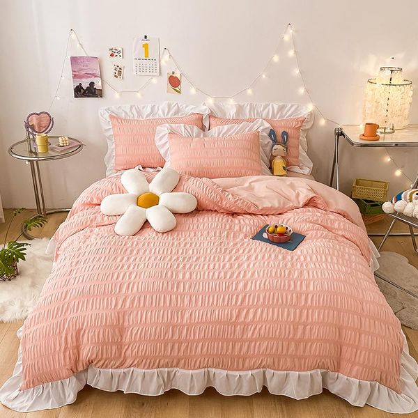 

bedding sets pink/quilt cover four-piece set seersucker soft breathable bedding/double bed cover/quilt pillowcase home textiles