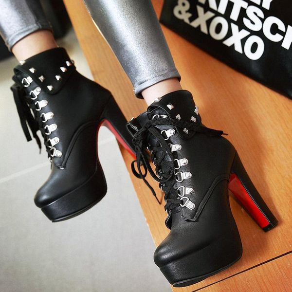 

fashion motorcycle boots women leather spring autumn metal decorated 12cm high heels shoes black ankle woman