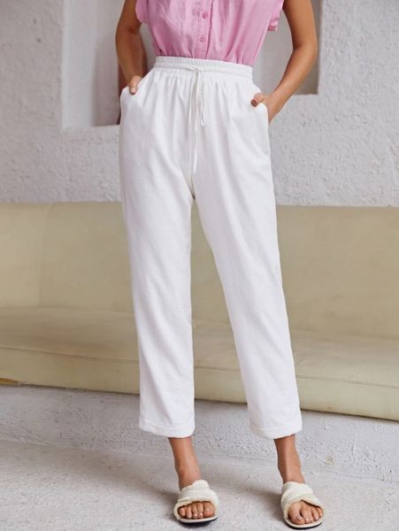 

solid drawstring slant pocket pants o8a2#, Black;white