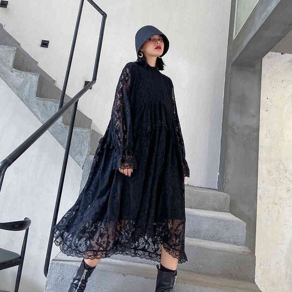

casual dresses [eam] women black lace split big size long dress stand collar sleeve loose fit fashion tide spring autumn 1z047 s6sf, Black;gray