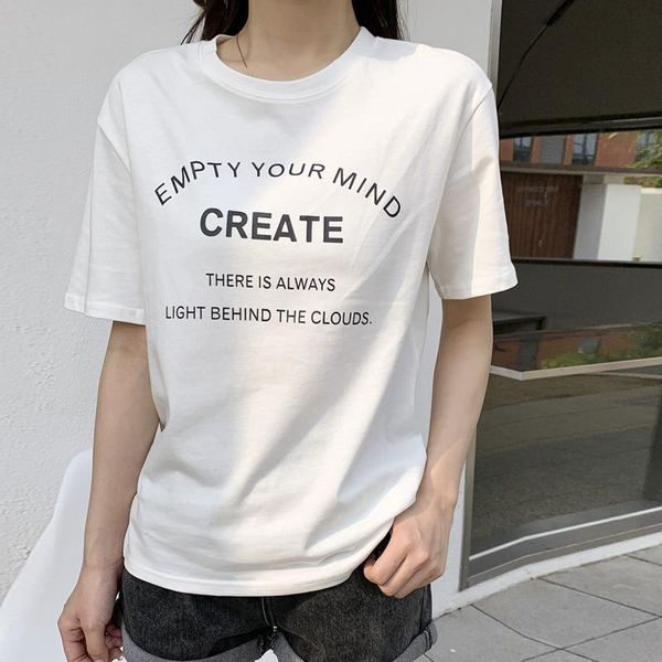 

sumemr letter print women cotton t-shirts o neck short sleeve loose woman oversize fashion casual basic women's t-shirt, White