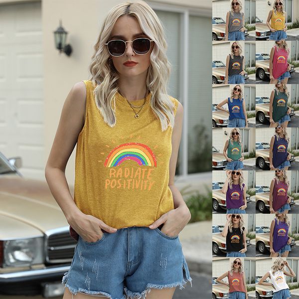 

summer t shirt irisgod women's vest casual short sleeve colorful raiow inspired pattern top, White