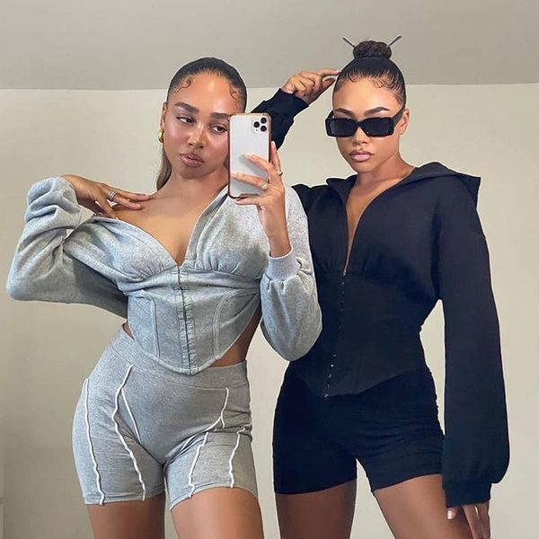 

woman hoodies sweatshirts solid color long sleeve corset hooded pullover slim fit zipper up sports outerwear fall spring women's &, Black