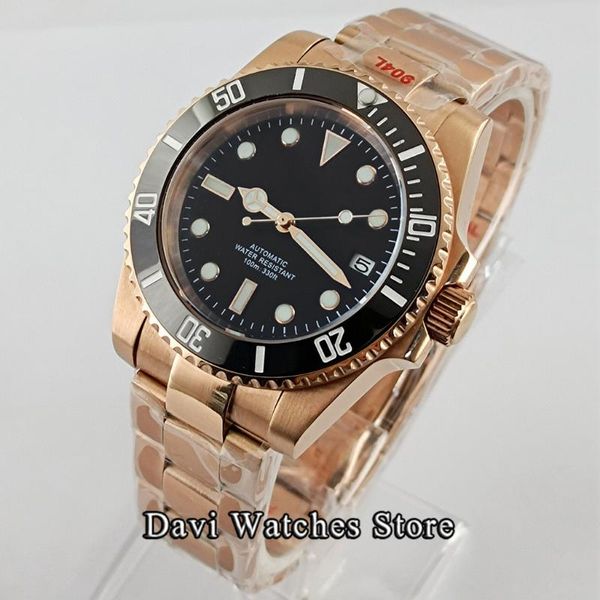 

wristwatches 40mm sterile rose gold black dial watches men ceramic bezel sapphire 24 jewels japan nh35 automatic movement waterproof watch, Slivery;brown