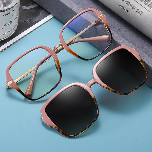 

sunglasses big square polarized clip on women fashion transparent glasses 2 in 1 magnet optical computer anti blue light, White;black
