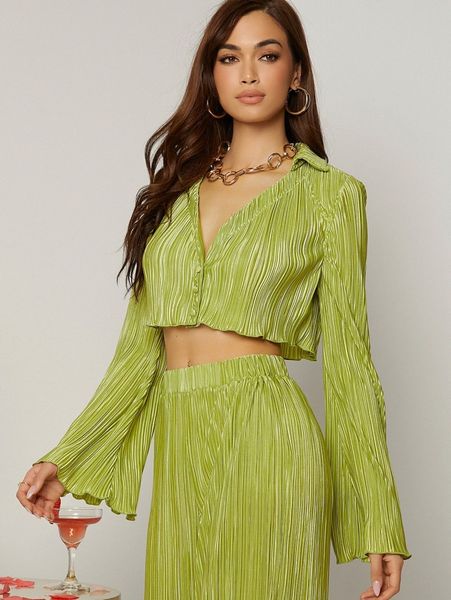 

solid collared flounce sleeve crop blouse m3tl#, White
