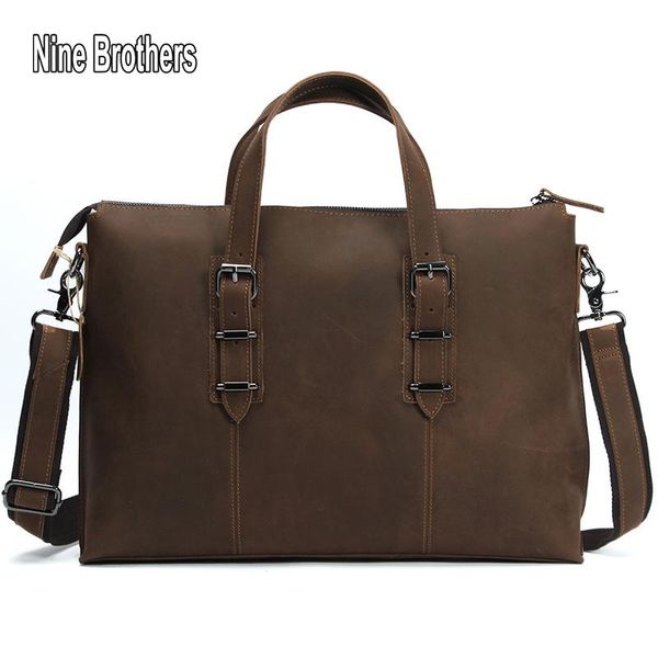 

briefcases fashion style cowhide 14 inch laphandbag crazy horse leather business men computer bag women briefcase a4 bags nine brothers