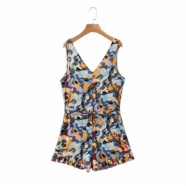 

women's jumpsuits & rompers fashion beach style floral print summer sleeveless playsuits with belt women stylish cat short femme j, Black;white
