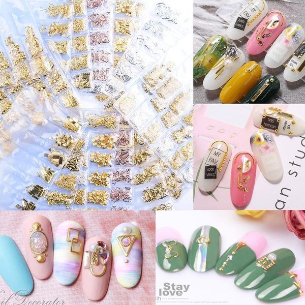 

pack 6 grids mixed 3d diy hollow metal frame nail art decorations gold rivet manicure accessories shell slider studs1, Silver;gold