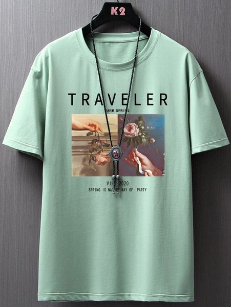 

men slogan & floral print drop shoulder tee c60o#, White;black