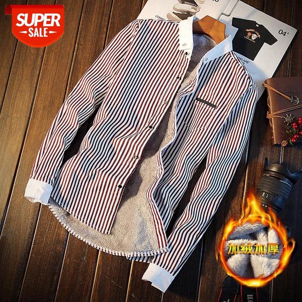 

plush padded long-sleeved shirt men 2018 winter warm men's striped casual #6q1u, White;black