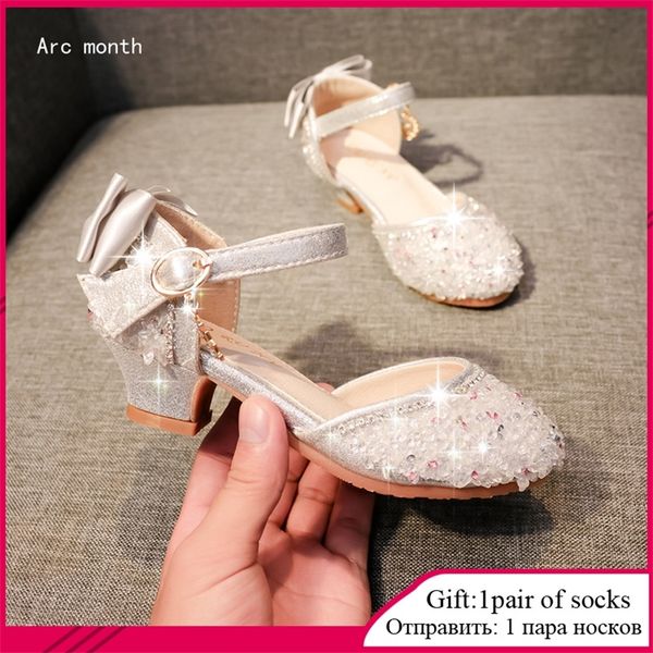 

kids girls shoes sandals bling shiny bow princess high heels dance children waterproof antiskid footwear 220222, Black;red