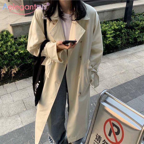 

aelegantmis elegant loose long women trench coat autumn double breasted oversized women's windbreaker ladies plus size overcoats 210607, Tan;black