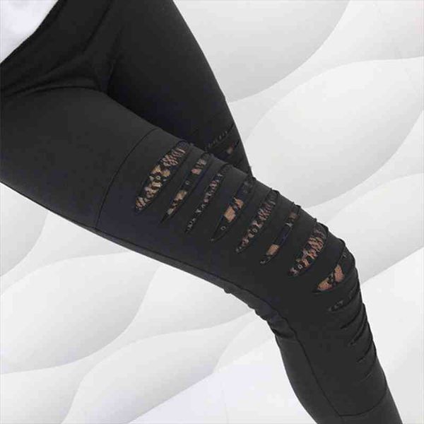 

women leggings solid lace patchwork hole ankle length polyester jeggings casual high waist push up leggings, Black