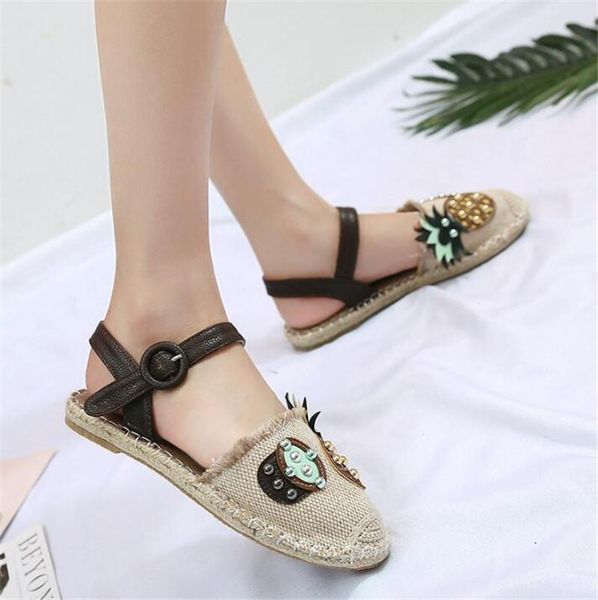

roman sandals female 2021 summer word buckle pineapple shoes flat bottom vintage weaving cute, Black